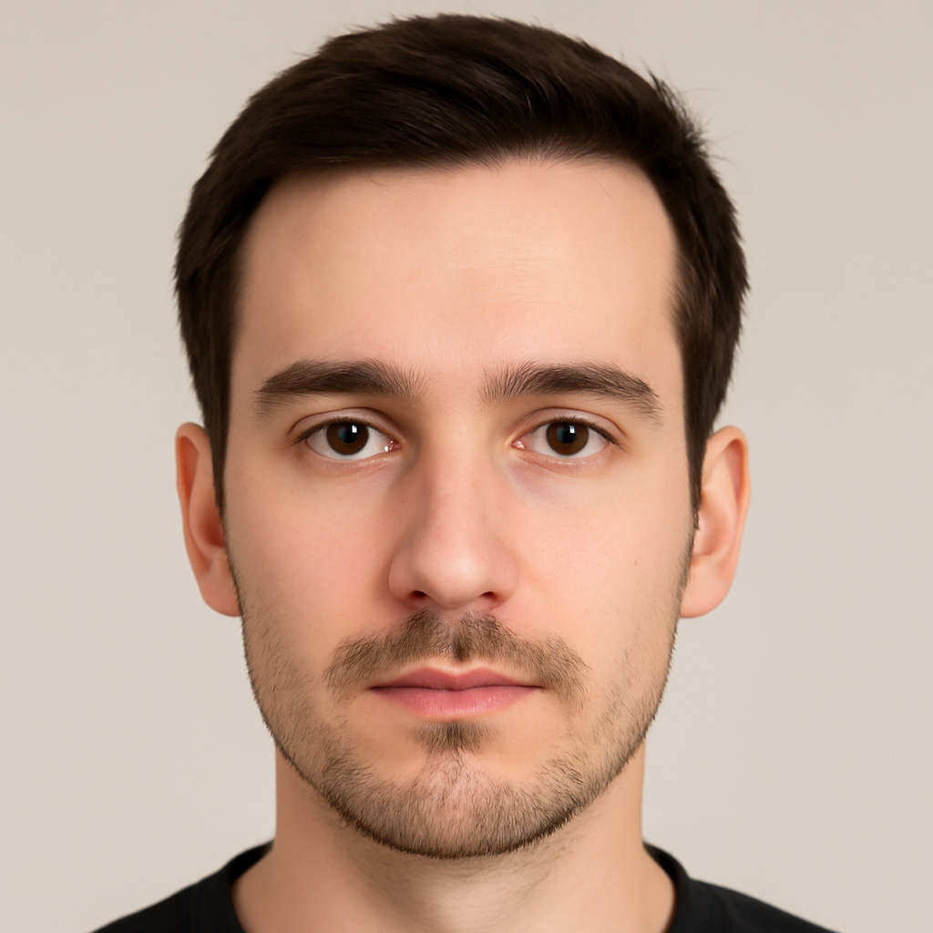 Homem jovem de expressão séria, com barba por fazer, em retrato profissional com fundo claro.