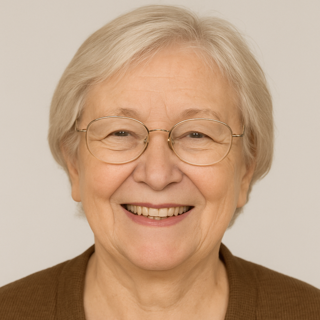 Mulher idosa sorridente de óculos e cabelo grisalho, em retrato profissional com fundo neutro.