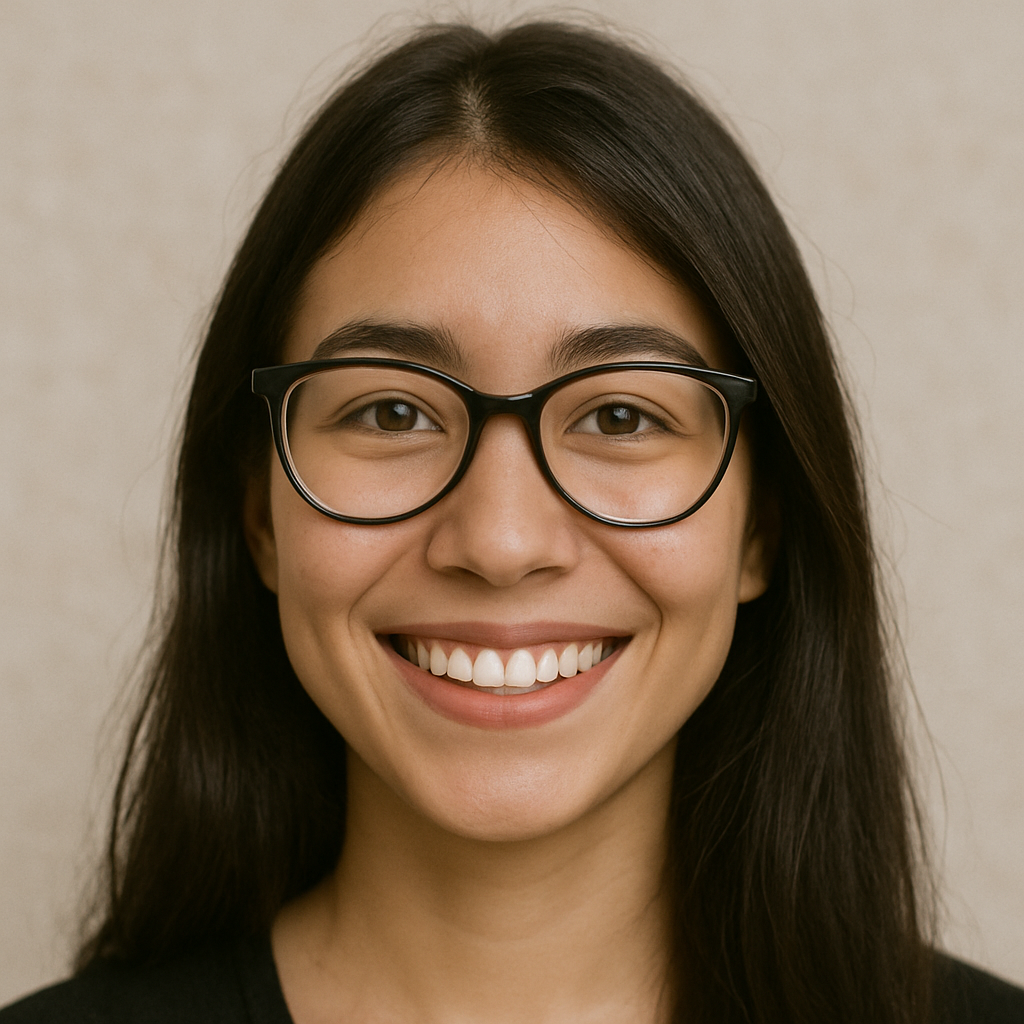 Mulher jovem sorridente com óculos escuros, cabelo longo e liso, em retrato profissional com fundo neutro.