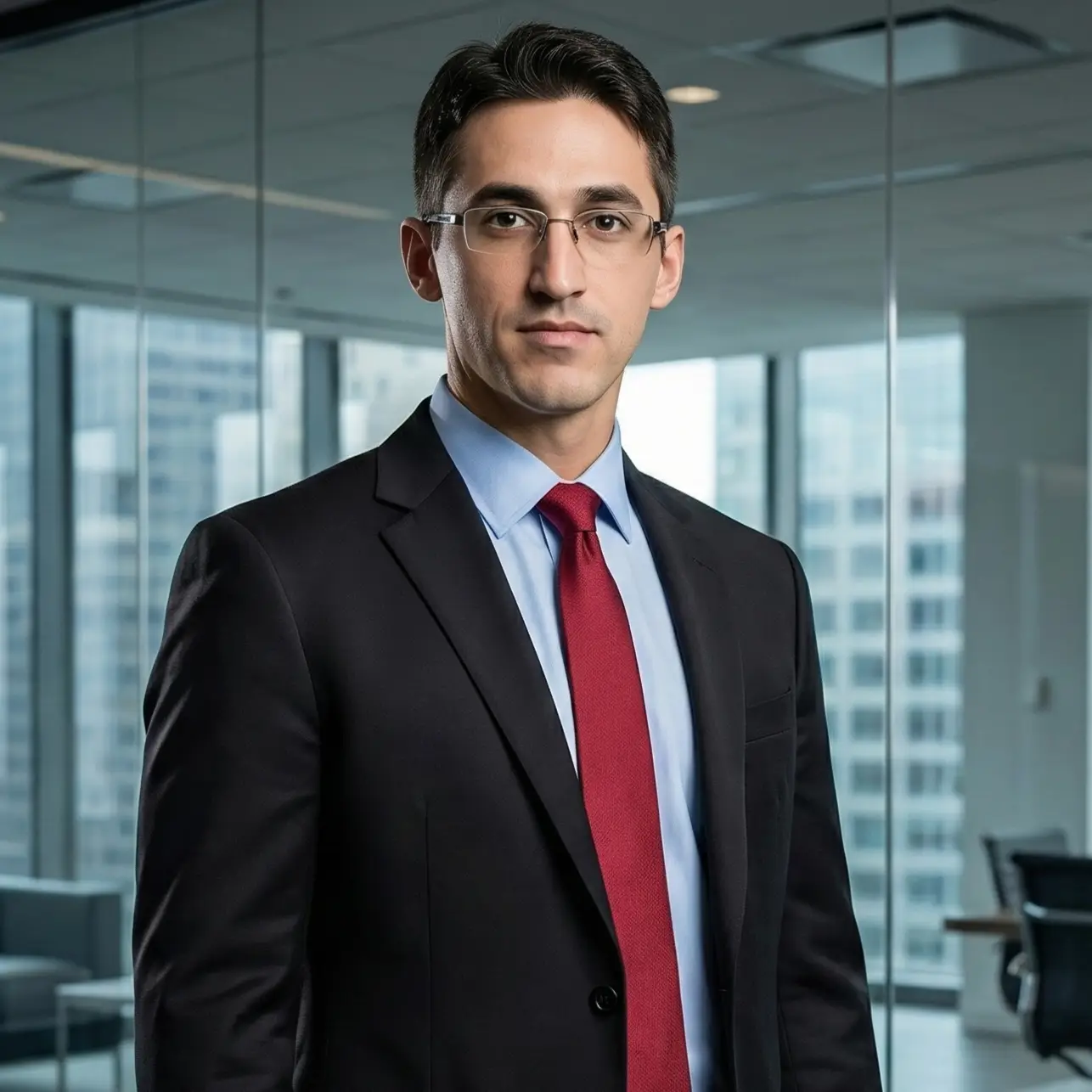 Homem de terno em escritório moderno corporativo